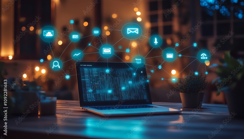 Poster speech bubbles and illuminated network connections hovering over a laptop on a wooden desk, glowing 