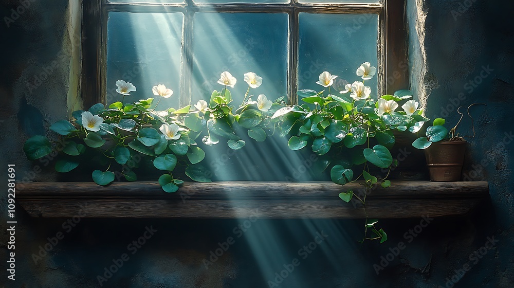 Poster lush green vines cascading down from a vintage window with soft rays of light illuminating delicate 