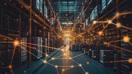 Blockchain in Supply Chain Management: A high-definition, photorealistic image of a warehouse with a digital overlay of a blockchain network tracking the movement of goods