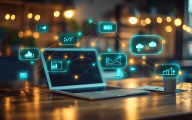 Speech bubbles and glowing network connections floating above a laptop on a wooden desk, connected data lines, digital communication concept