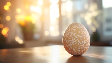 Fototapeta premium Artistic Easter egg with delicate patterns on a sleek wood table, blurred sunlit room behind, sunlight streaming through large windows, soft focus, hd quality, natural tones,