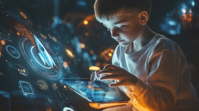 Boy with tablet, startup rocket hologram and business icons - Powered by Adobe