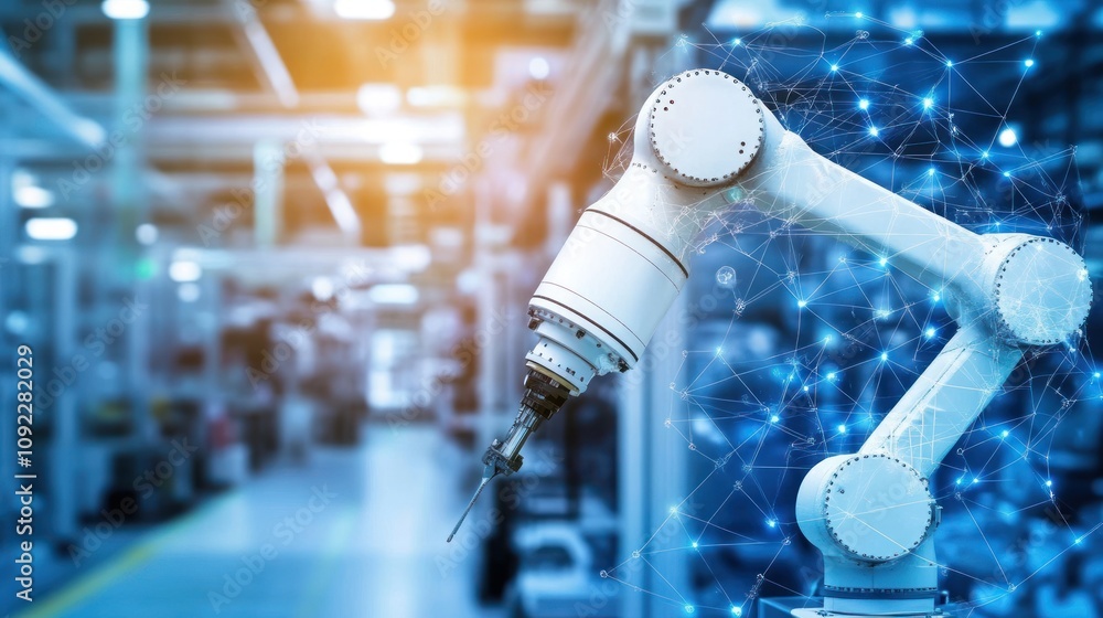 Aufkleber robotic arm in industrial factory setting networked