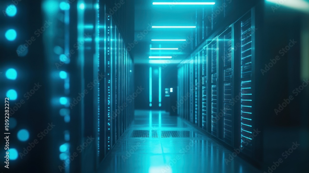 Poster illuminated server room corridor shows data center technology