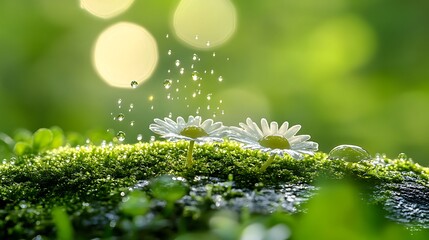 Obraz premium Close-Up Macro Shot of Moss-Covered Rock Adorned with Delicate White Flowers and Sparkling Water Droplets in a Lush Green Environment
