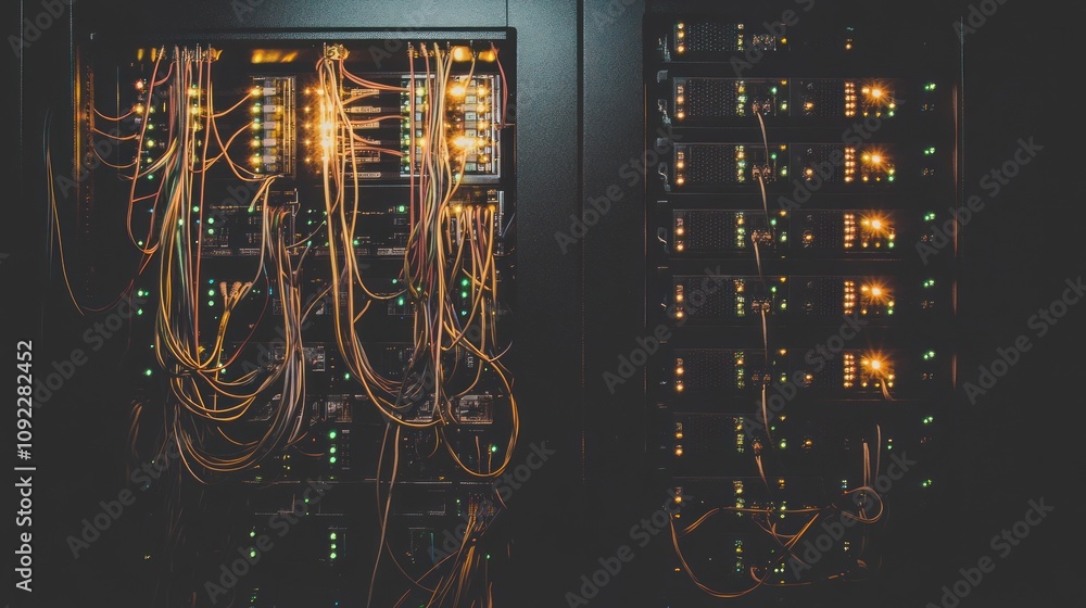 Poster Illuminated Server Rack With Complex Wiring Network
