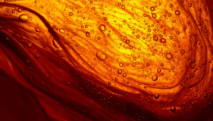 Abstract background liquid fluid with bubbles translucent orange black color with space text. For banner, background