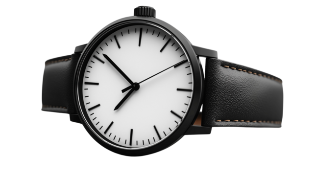 Black and white image of a classic analog clock face with silver hands and black numerals on a white background