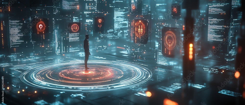 Poster 3d rendering of a futuristic social network system with glowing digital user icons, illuminated data