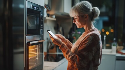 Content mature woman with smartphone checking oven in kitchen of her smart home
