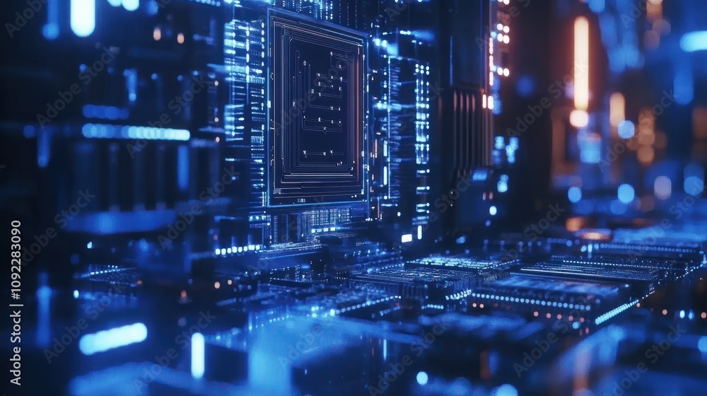 Poster cpu is receiving and processing data on blue circuit board
