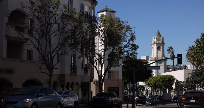 Westwood Village, Los Angeles, California, USA - November 16, 2024: Afternoon sun shines on the historic core buildings of Westwood Village.