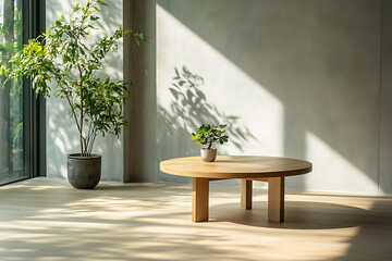 Fototapeta premium Modern Minimalist Interior Design: A Sunlit Room with Wooden Table and Plants. Peaceful, elegant home decor aesthetic. Simple, cozy, and comfortable living space.