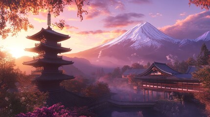 Obraz premium Sunrise at Chureito Pagoda, in Fujiyoshida (Yamanashi,Japan). This town in the region of the seven lakes offers stunning views of Mount Fuji. 