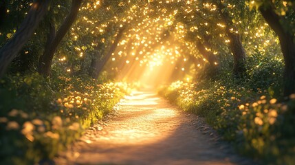 Fototapeta premium Tranquil pathway stretches endlessly, bathed in warm, golden sunlight