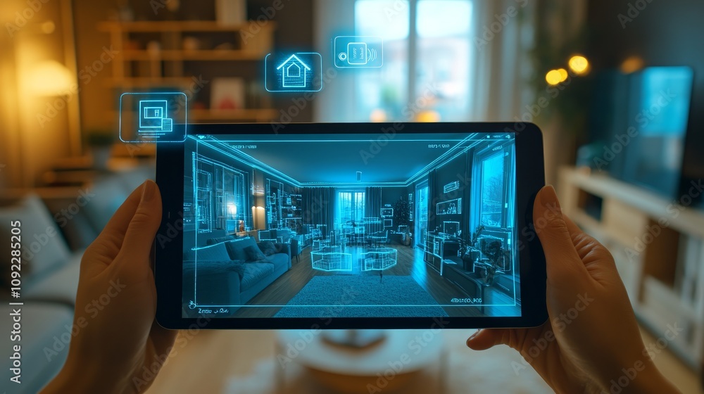 Poster hands holding tablet displaying augmented reality home design.