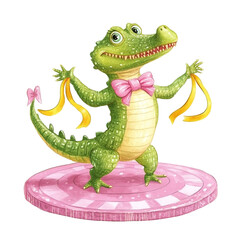 Fototapeta premium Charming Crocodile Performer: A whimsical illustration of a cheerful crocodile in a pink bow tie, playfully holding yellow ribbons, standing on a pink stage.