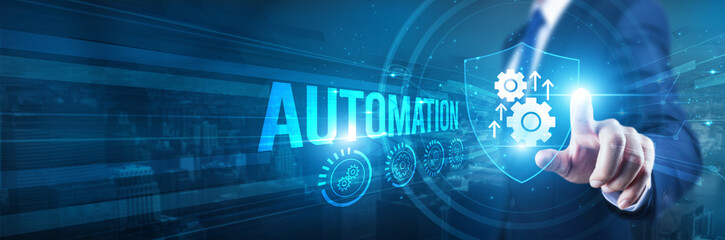 Businessman hand touches a shield, Automation Protects Systems Operations. The concept represents safeguarding business continuity, operational data integrity, efficiency, and technological workflows.