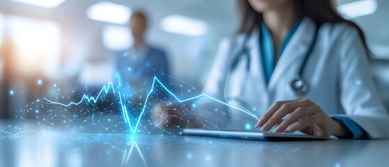 Heartbeat pulse on a medical monitor with a doctor in the background, emphasizing cardiovascular health, patient care, and advanced healthcare technology in a clinical environment