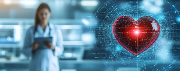 Heartbeat pulse on a monitor with a doctor in the background, symbolizing healthcare expertise and heart health in a sterile medical environment