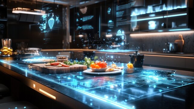 Futuristic smart kitchen with holographic interface displaying nutritional information and recipes.