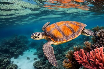 Obraz premium A sea turtle swimming gracefully above a colorful coral reef and lush seaweed forest, AI Generated