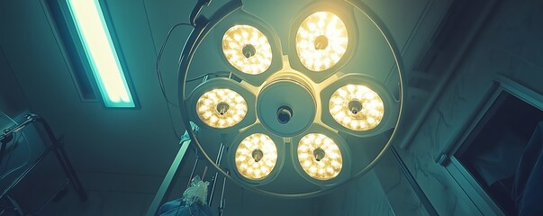 Surgeons in a sterile operating room performing a heart procedure, with focus on precision, safety, and care, illuminated by bright surgical lights