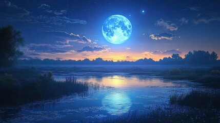 A breathtaking view of a luminous blue moon over a serene river