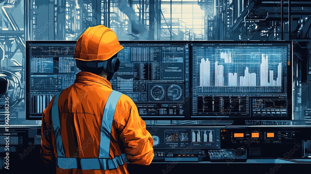 Poster worker analyzing data on dual monitors in an industrial setting