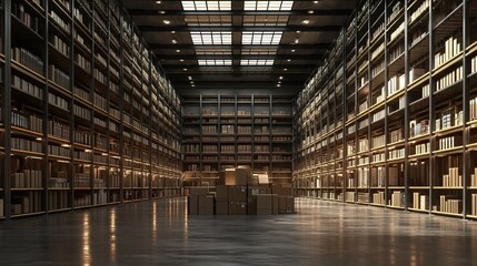Fototapeta premium Vast and Organized Warehouse Interior with Rows of Shelves