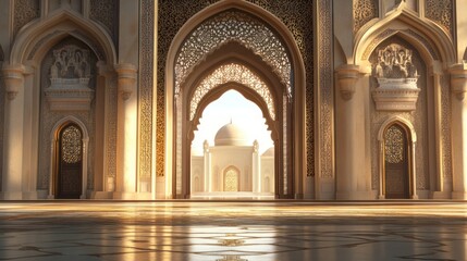 Obraz premium Majestic palace entrance with intricate arches and golden light, showcasing a mosque in the distance.