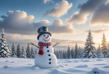 Obraz premium Cheerful Snowman in a Scenic Winter Landscape with Snowfall at Sunset 