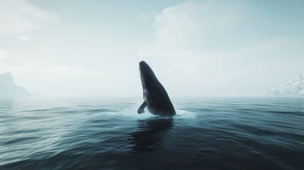 Naklejka premium Whale breaching in misty ocean.