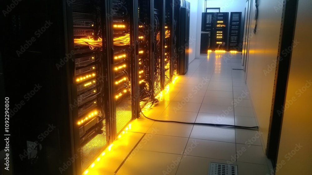 Poster illuminated server racks in modern data center corridor