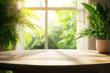 Fototapeta premium Vibrant Green Plants in a Sunlit Room: A Serene Home Decor Scene
