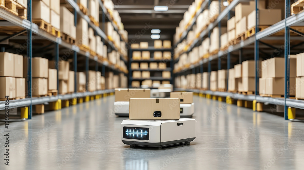 Poster autonomous robot delivering packages in a modern warehouse, showcasing automation and efficiency in 