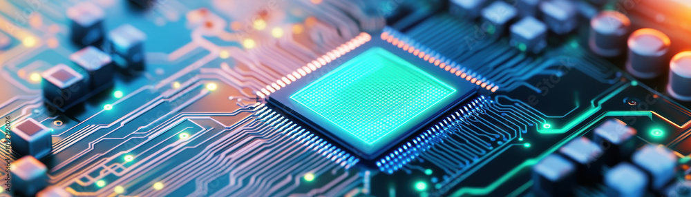 Poster close-up of a modern microprocessor on a circuit board, showcasing intricate details and vibrant col