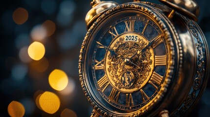 Obraz premium 2025 New Year Antique Clock Gold Time Festive Lights