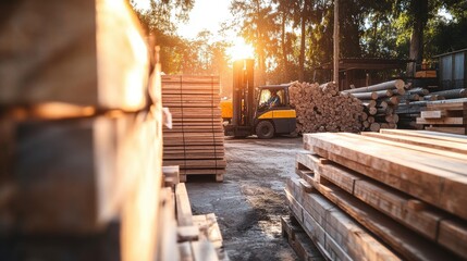 Obraz premium Forklift transporting wood in a sawmill