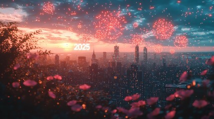 Obraz premium 2025 New Year Fireworks Cityscape Stunning Sunset Celebration