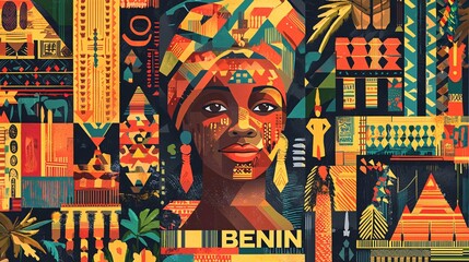 Obraz premium This striking poster showcases Benin's lively culture through traditional symbols, vibrant textiles, and stunning scenery, encouraging exploration of West Africa.