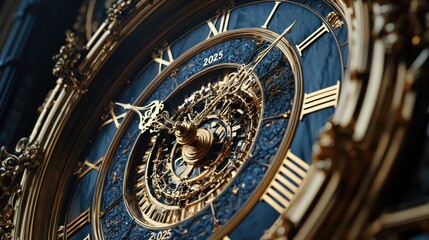 Fototapeta premium Elegant Gold Blue Clock Face 2025 Timepiece Detail