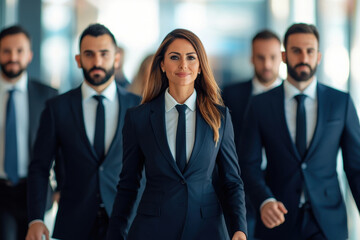 Confident business team walking together in modern office, displaying professionalism and teamwork.