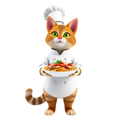 Chef cat holding food dish on transparent background