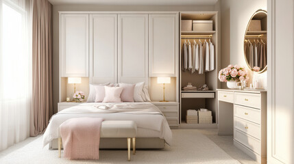 Elegant bedroom design featuring soft colors, stylish furniture, and ample natural light for a cozy atmosphere.