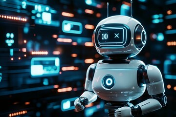 Friendly chatbot icon on a white background, complete with speech bubbles and contemporary typography, perfect for digital interfaces.