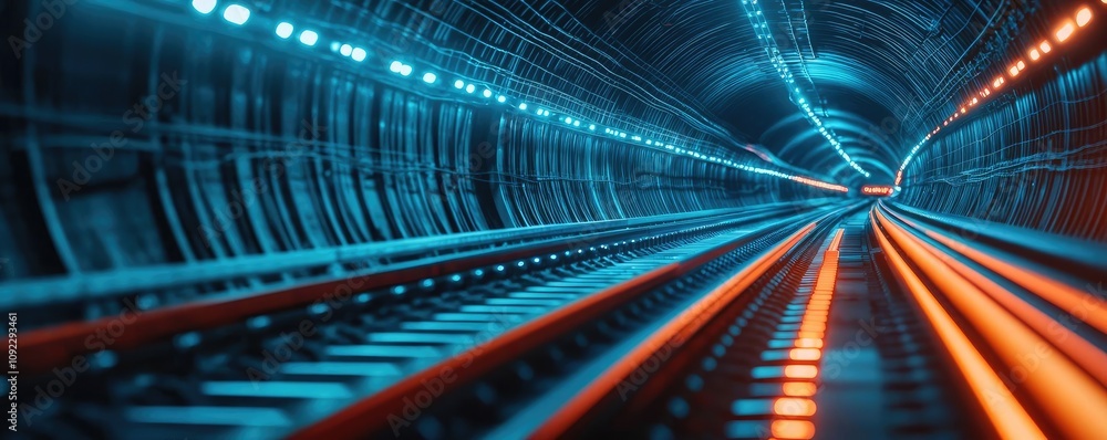 Poster futuristic subway tunnel with glowing lights and tracks, creating a dynamic atmosphere.