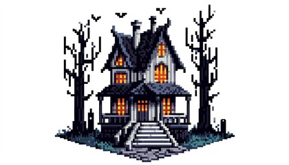 Obraz premium Minimalist Pixelated Haunted House Illustration