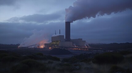 Fototapeta premium Industrial plant emitting smoke under overcast sky