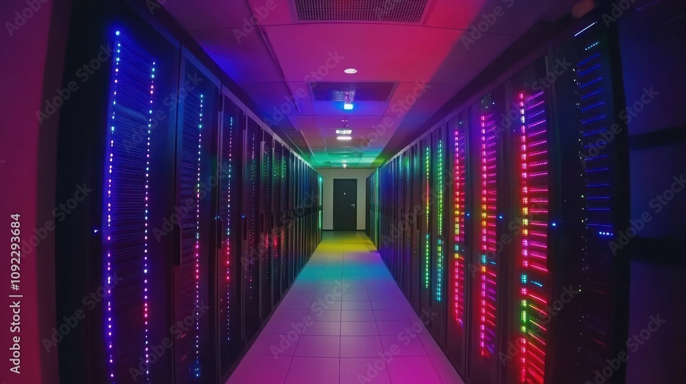 Poster illuminated server room corridor showing colorful data servers